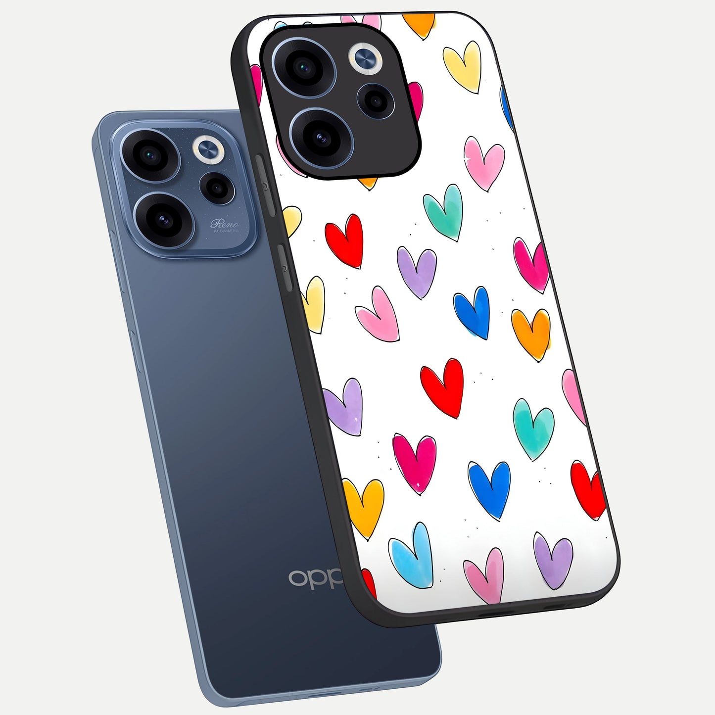  Playful Love Doodles phone case For Oppo Reno 15c showing premium glass back cover with detailed artwork