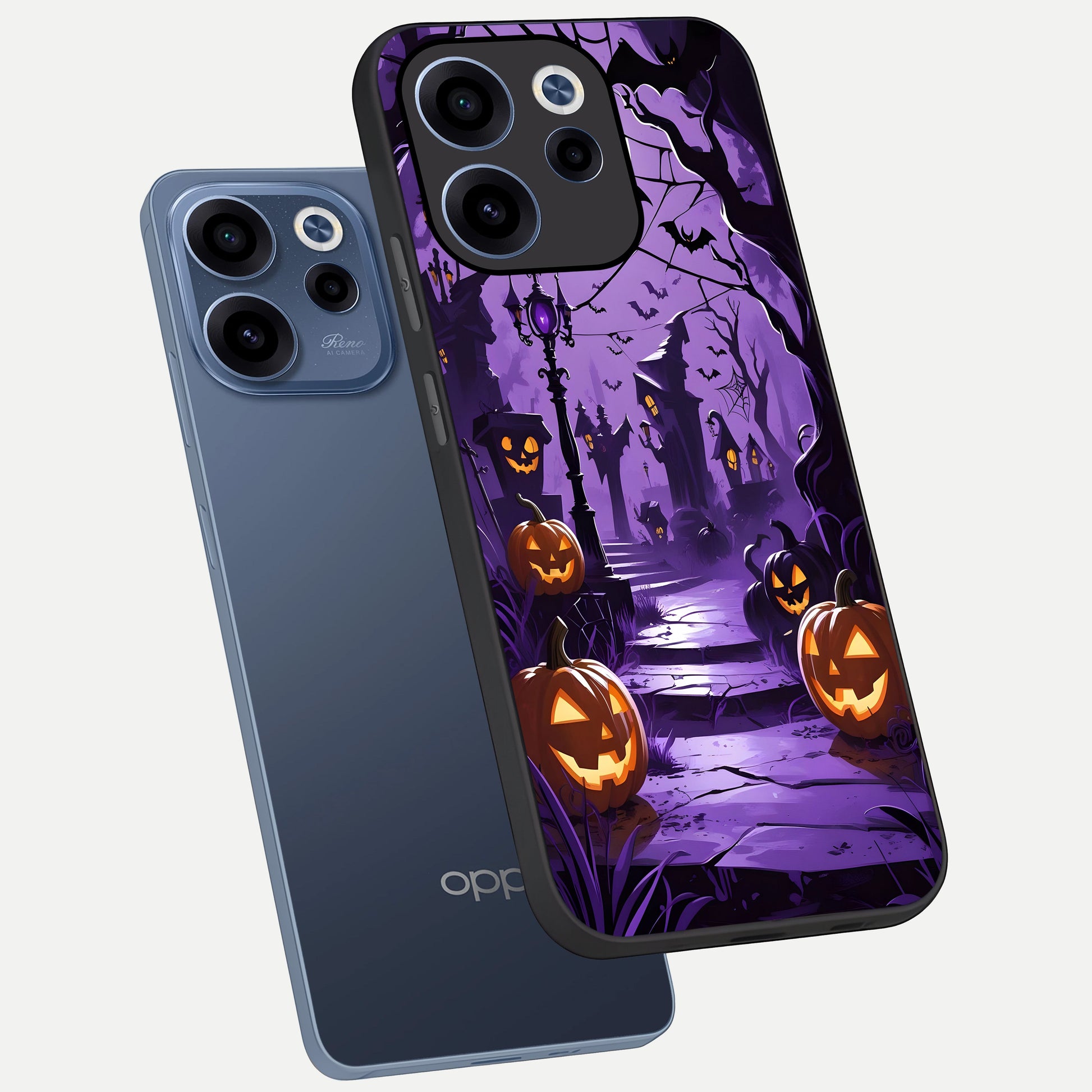  Pumpkin Patch Halloween phone case For Oppo Reno 15c showing premium glass back cover with detailed artwork