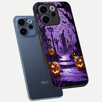  Pumpkin Patch Halloween phone case For Oppo Reno 15c showing premium glass back cover with detailed artwork