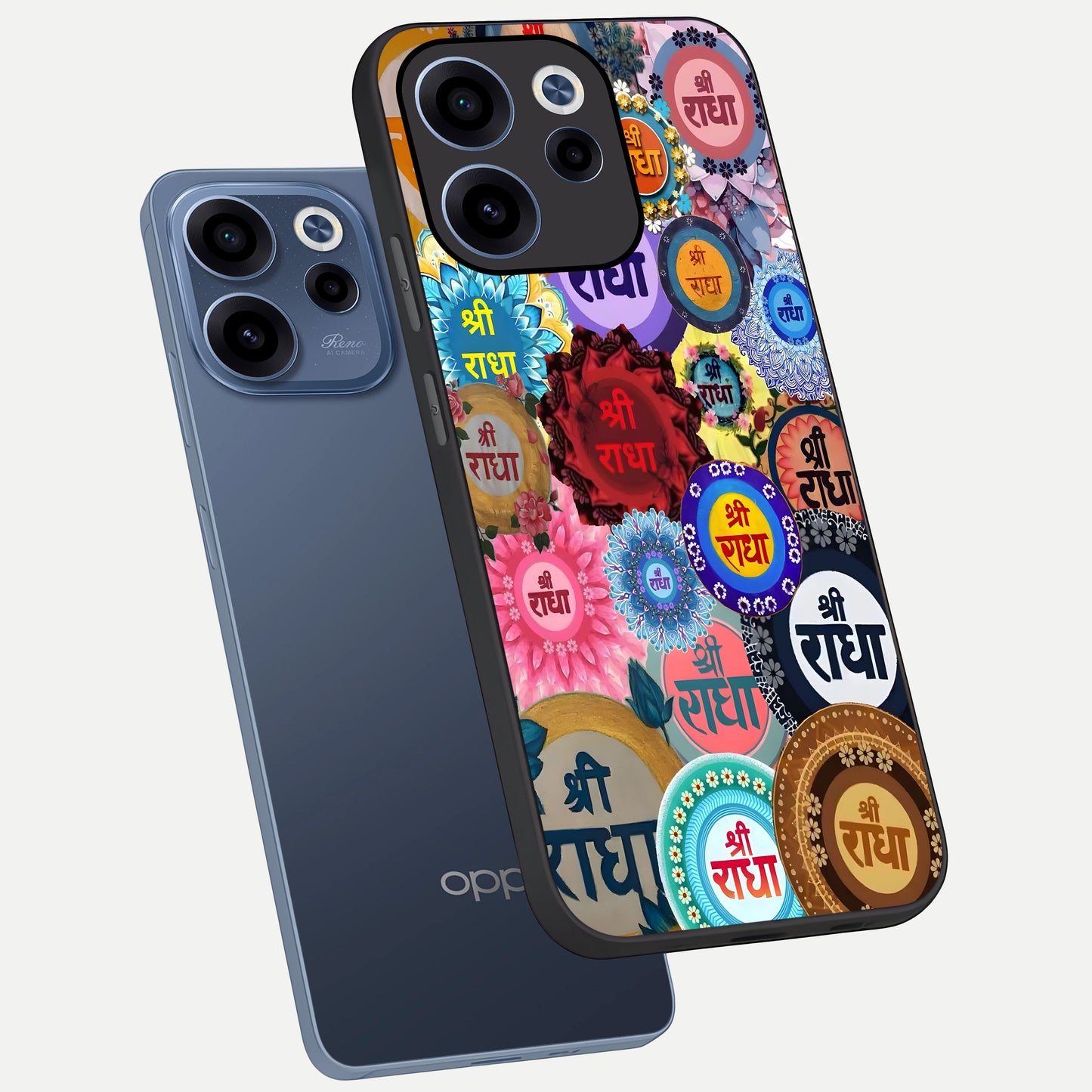  Radha Divine Bloom phone case For Oppo Reno 15c showing premium glass back cover with detailed artwork