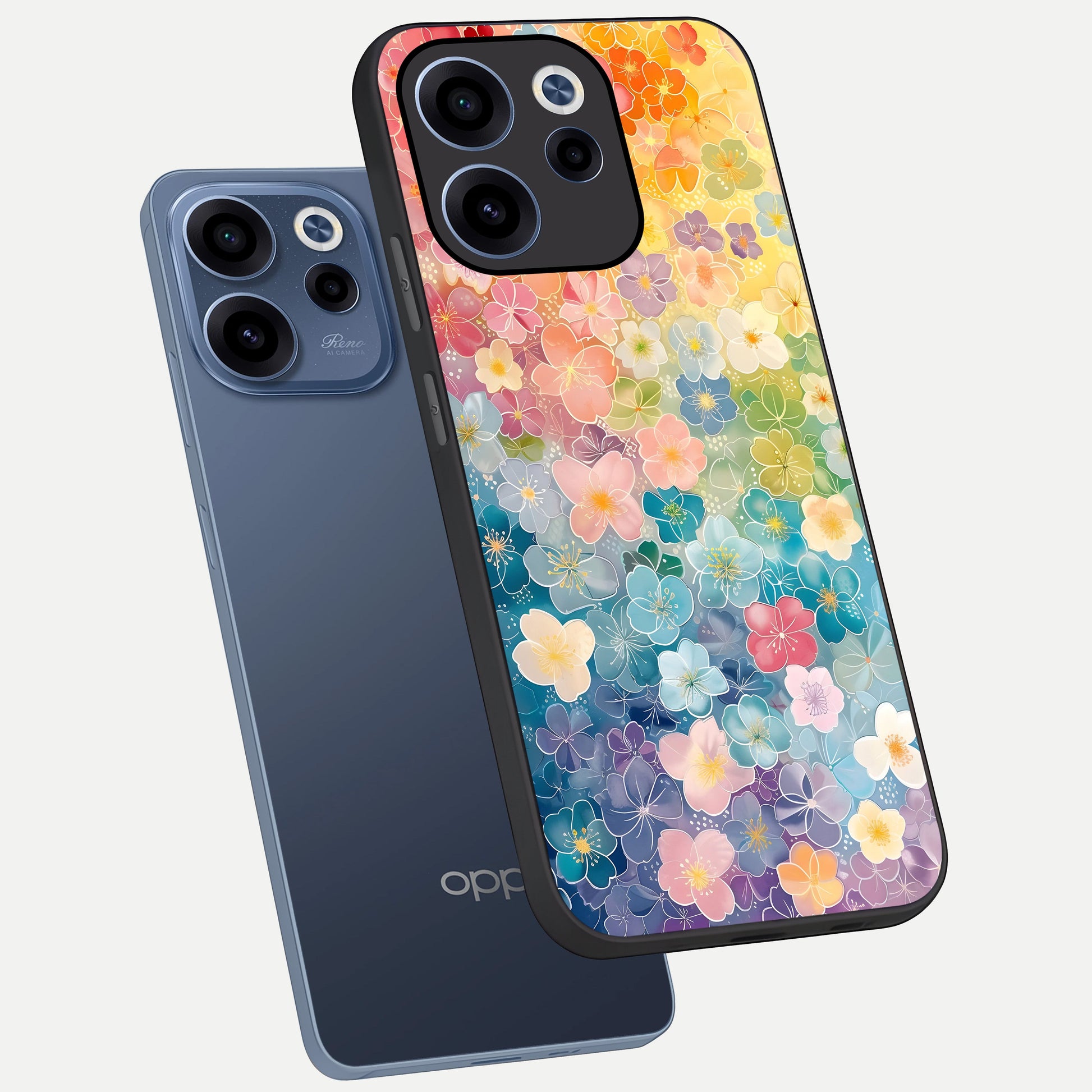  Rainbow Blossom Burst phone case For Oppo Reno 15c showing premium glass back cover with detailed artwork