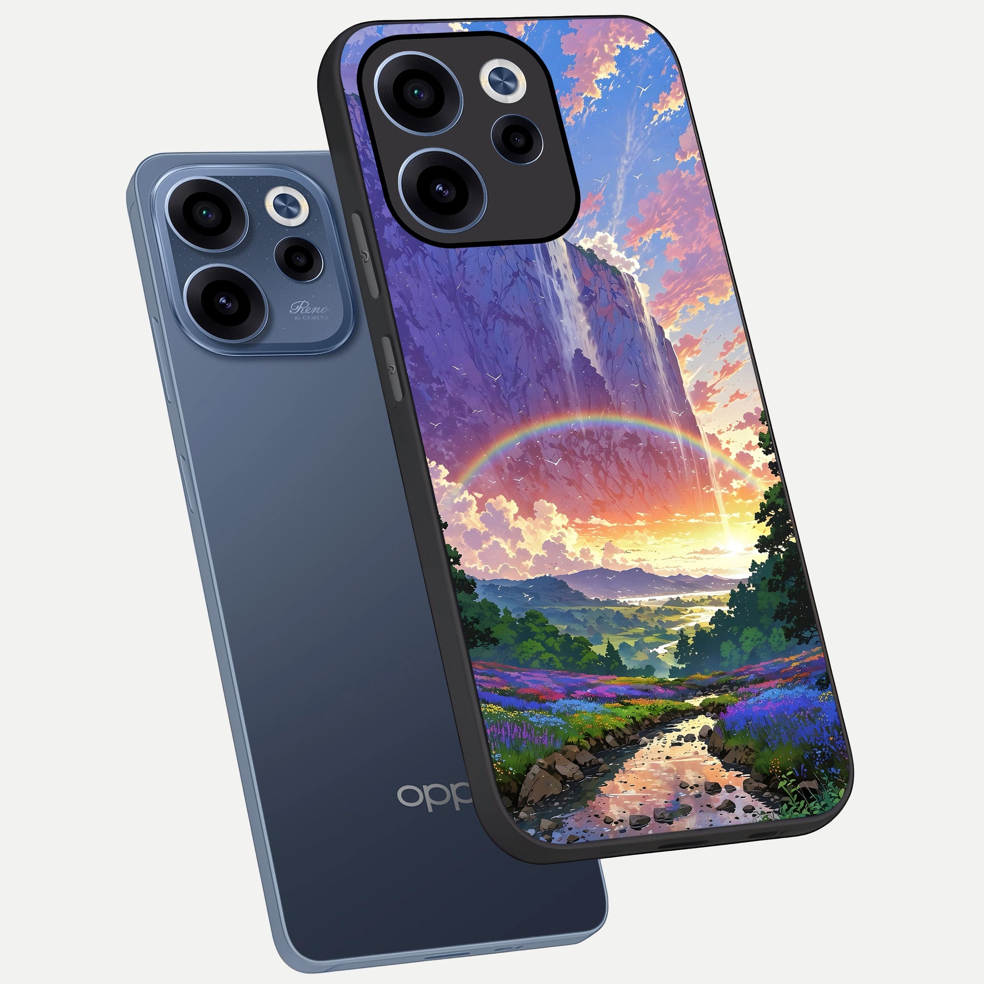  Rainbow Valley Dream phone case For Oppo Reno 15c showing premium glass back cover with detailed artwork