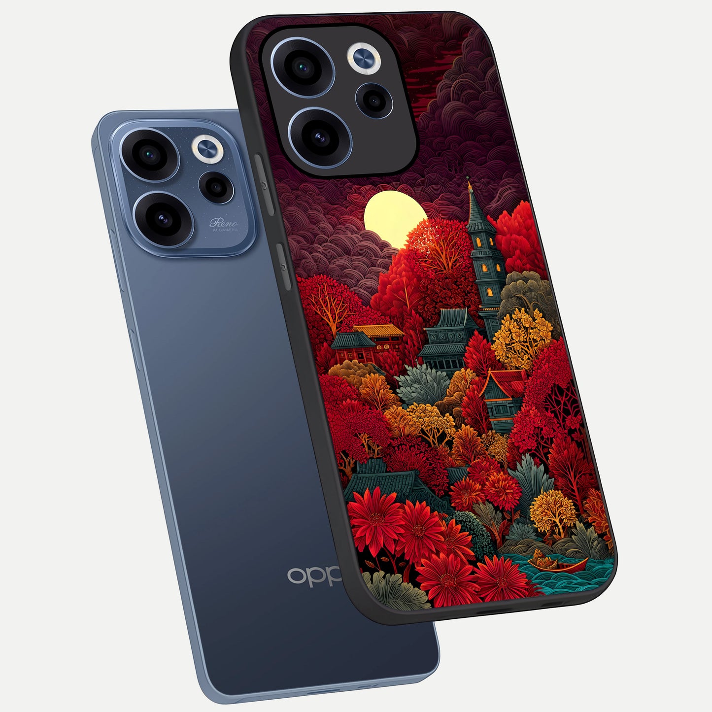  Scarlet Autumn Temple phone case For Oppo Reno 15c showing premium glass back cover with detailed artwork