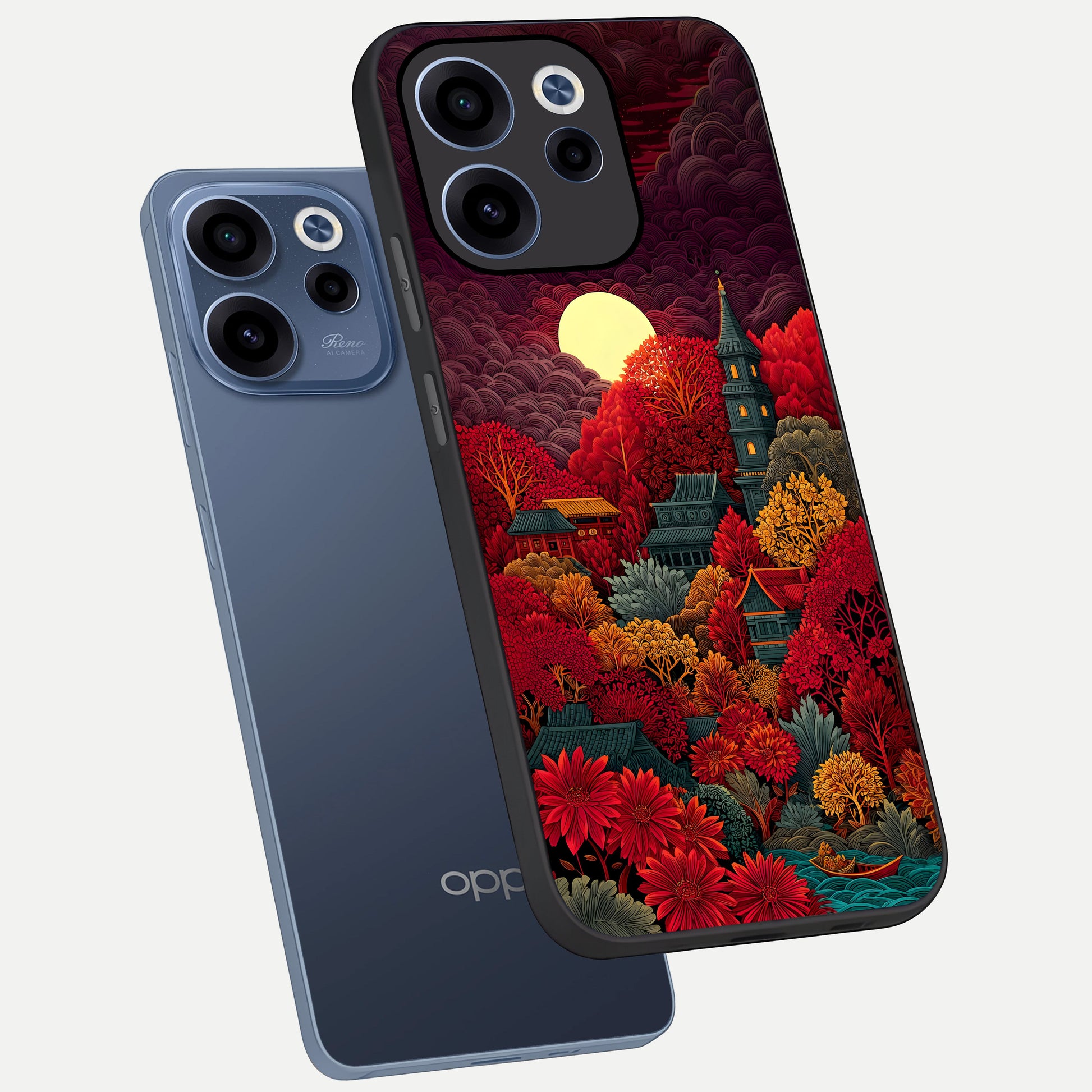  Scarlet Autumn Temple phone case For Oppo Reno 15c showing premium glass back cover with detailed artwork