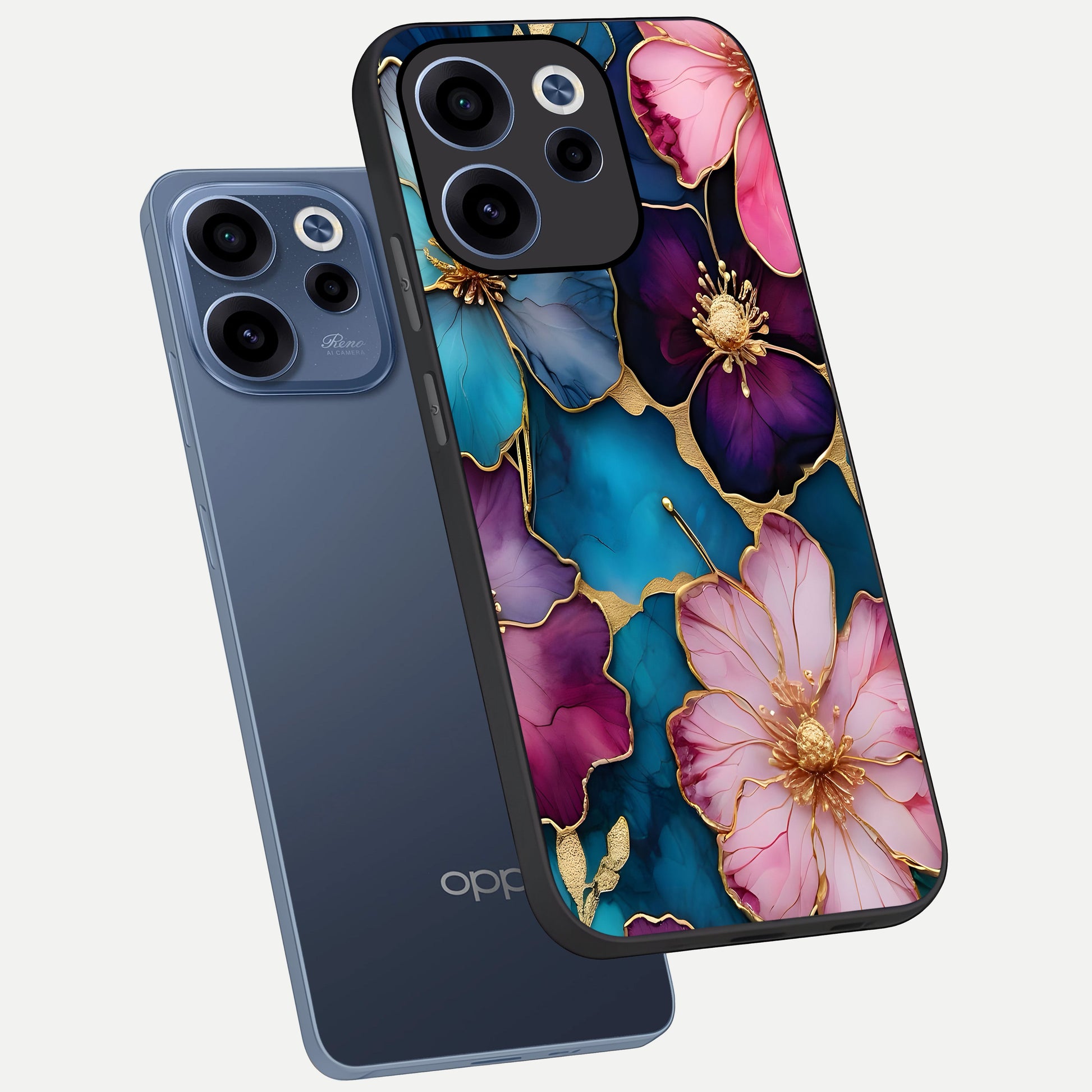  Sparkle Floral phone case For Oppo Reno 15c showing premium glass back cover with detailed artwork