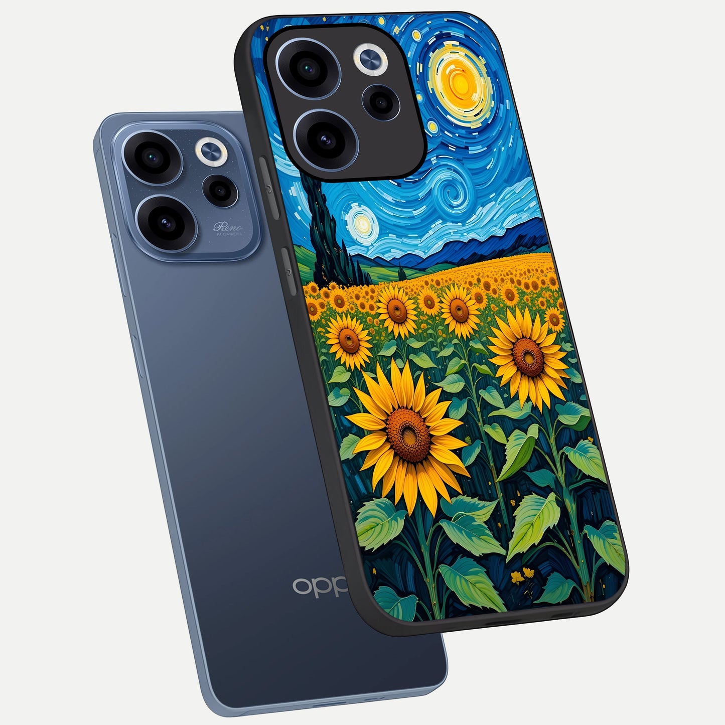  Starry Sunflower Dreams phone case For Oppo Reno 15c showing premium glass back cover with detailed artwork