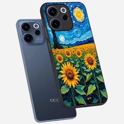  Starry Sunflower Dreams phone case For Oppo Reno 15c showing premium glass back cover with detailed artwork