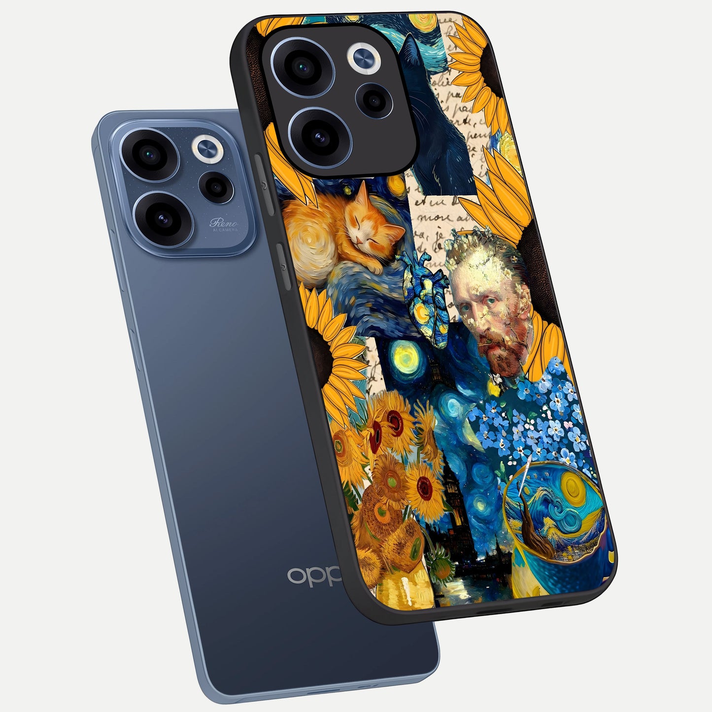  Sunflower Chic Mood Custom Name phone case For Oppo Reno 15c showing premium glass back cover with detailed artwork