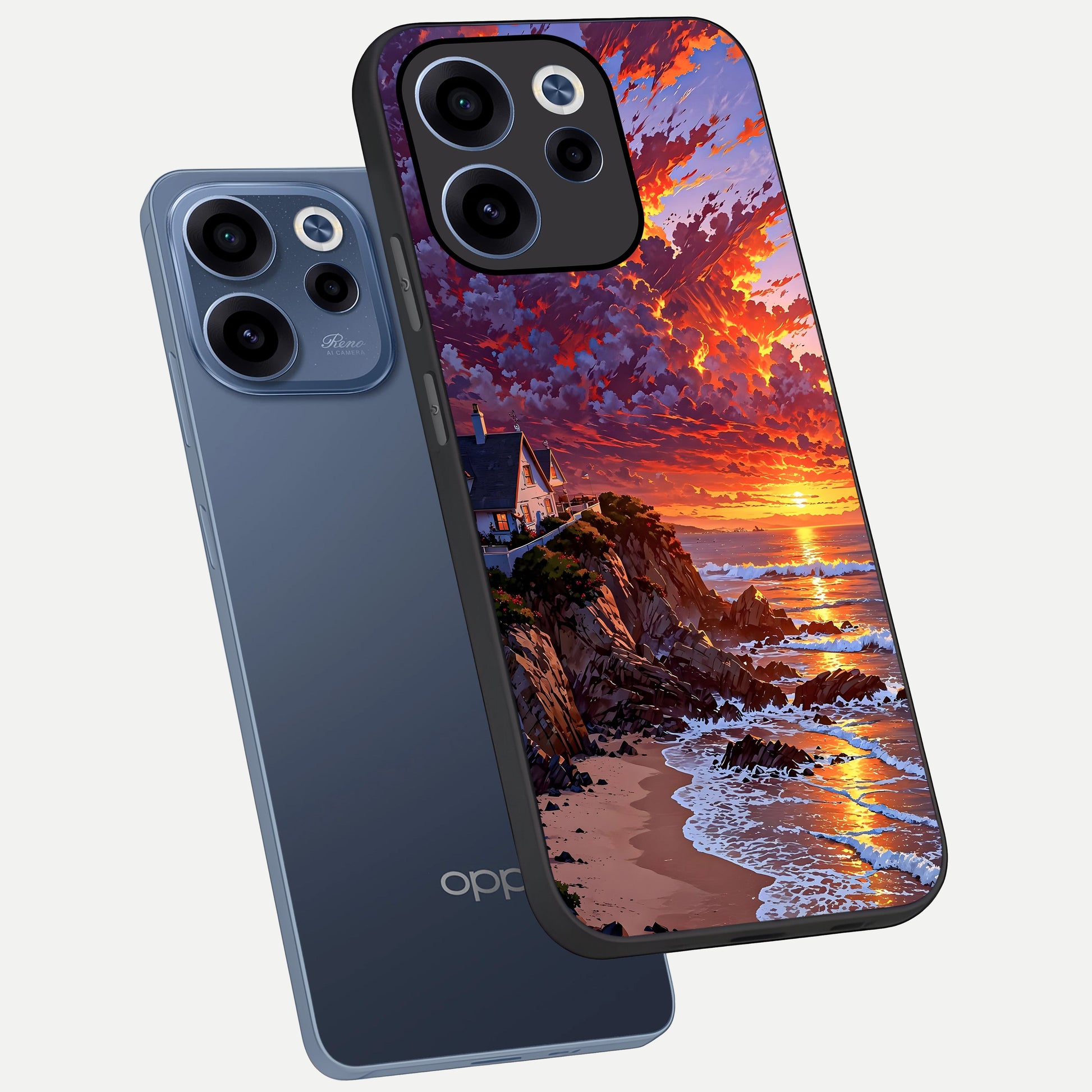  Sunset House By Sea phone case For Oppo Reno 15c showing premium glass back cover with detailed artwork