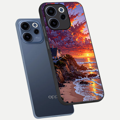  Sunset House By Sea phone case For Oppo Reno 15c showing premium glass back cover with detailed artwork