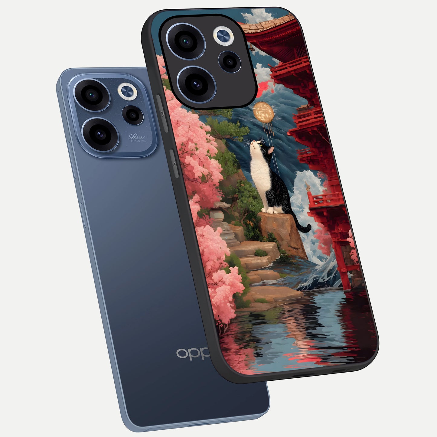 Temple Cat Scenery phone case For Oppo Reno 15c showing premium glass back cover with detailed artwork