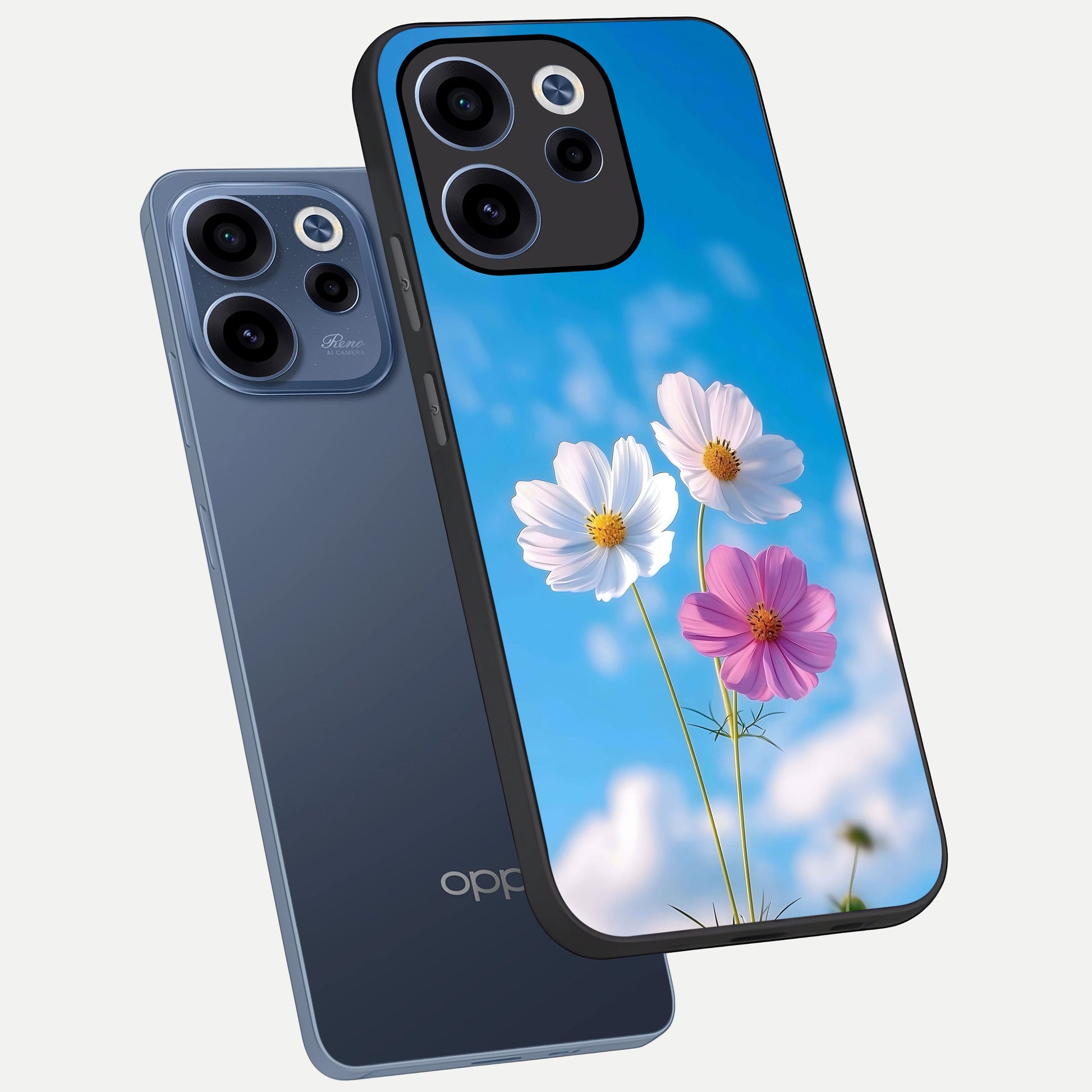  Tripple Flowers With Sky phone case For Oppo Reno 15c showing premium glass back cover with detailed artwork