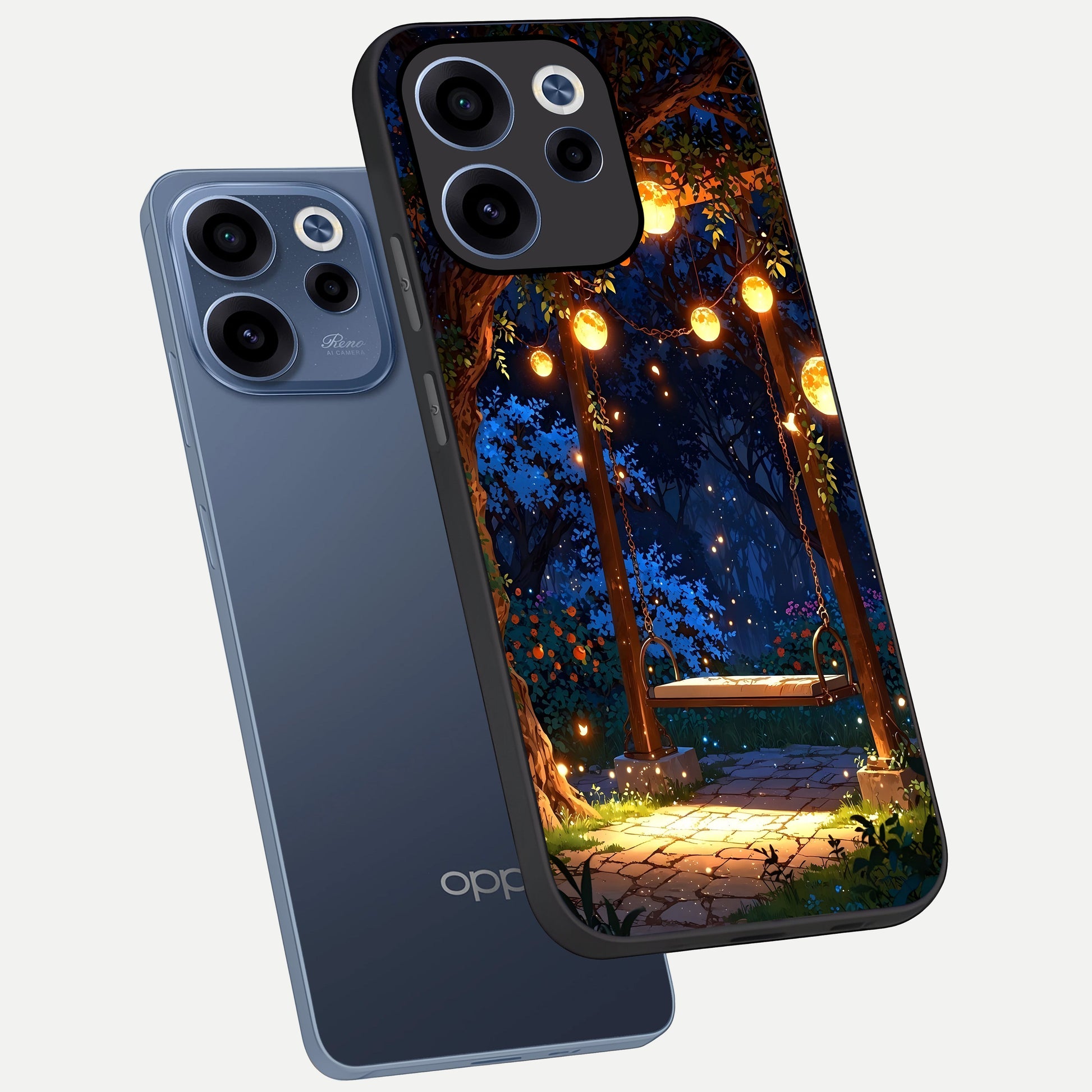  Twilight Garden Swing phone case For Oppo Reno 15c showing premium glass back cover with detailed artwork