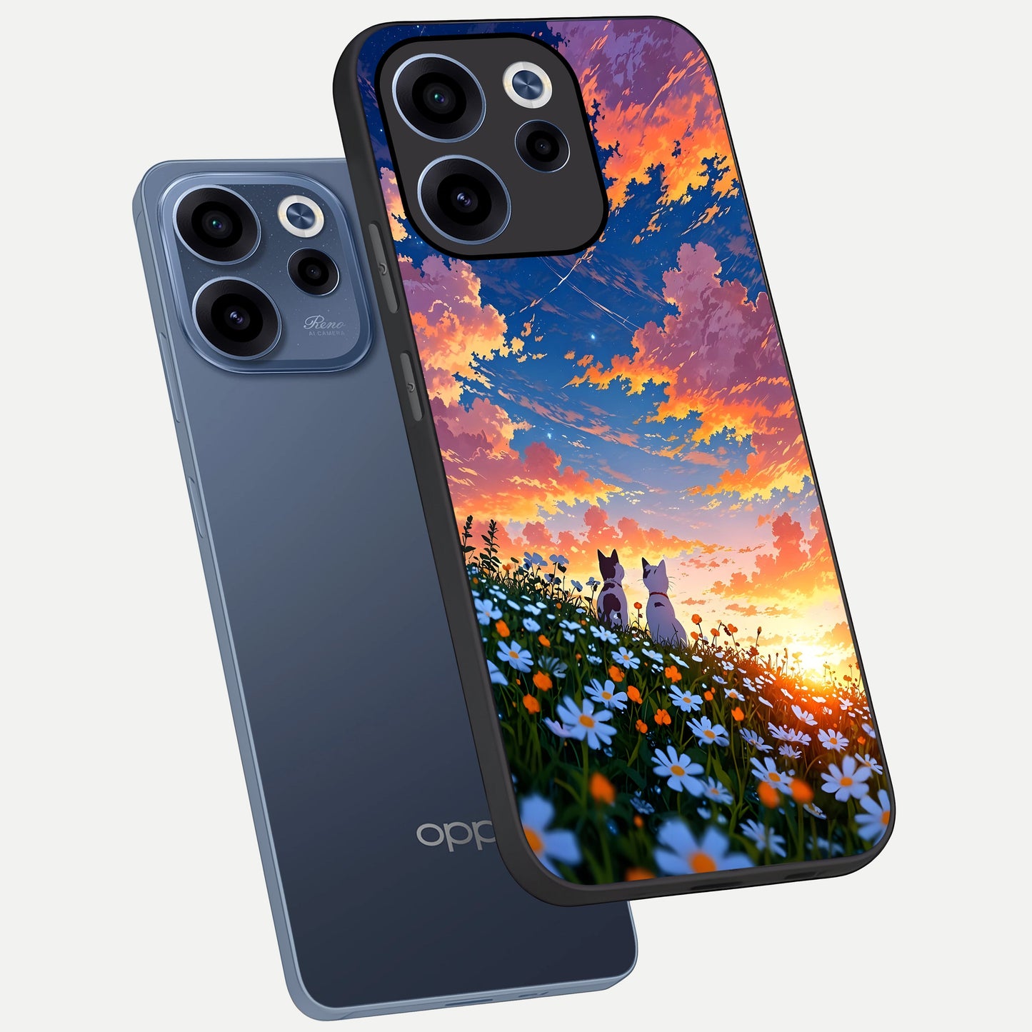  Two Cats Friends phone case For Oppo Reno 15c showing premium glass back cover with detailed artwork