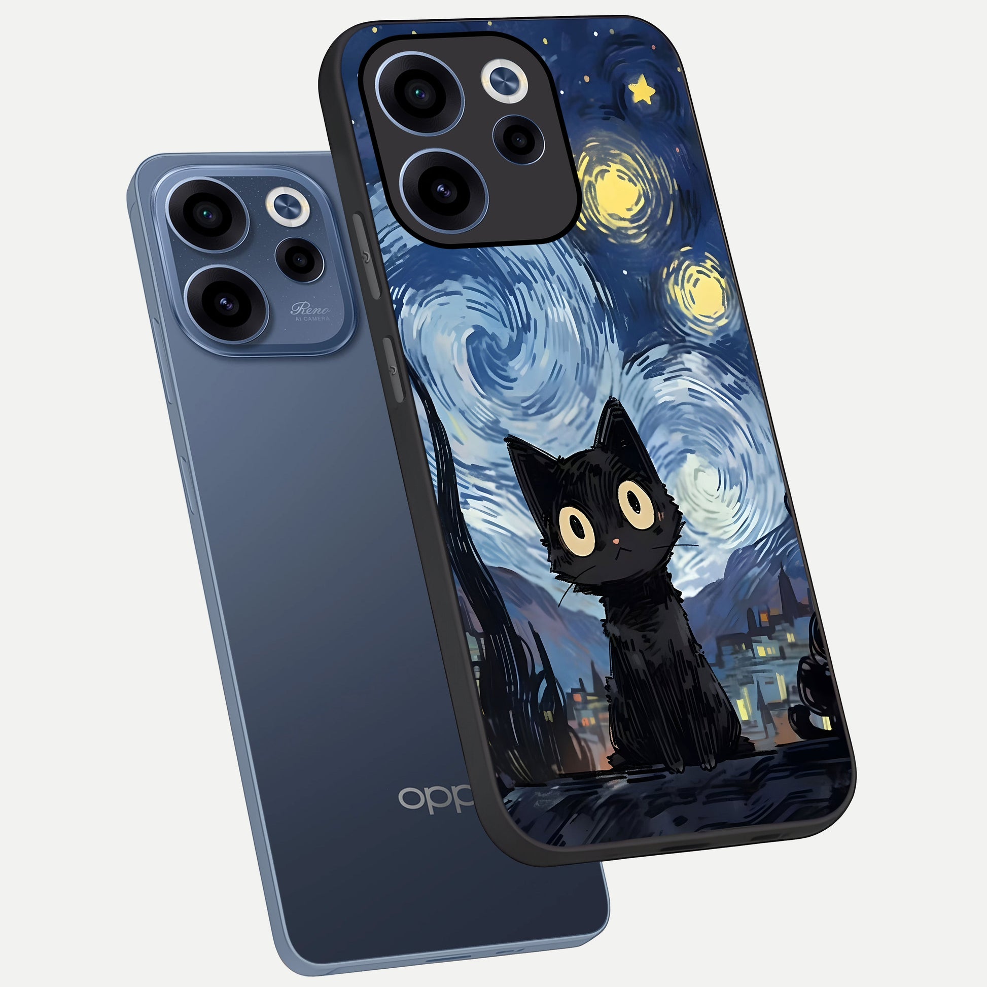  Van Gogh Cat phone case For Oppo Reno 15c showing premium glass back cover with detailed artwork