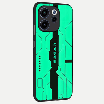  Aqua Tech CYBERPUNK Custom Name back cover For Oppo Reno 15c slim fit glass case with vibrant aesthetic design