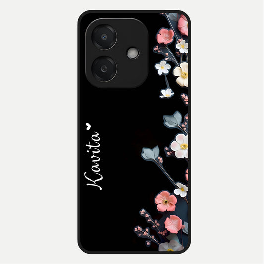  Black Elegance Floral Custom Name Glass Case For Oppo A3x 5G back cover – full design glossy printed glass finish