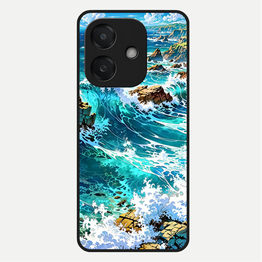 Coastal Blue Waves Glass Case For Oppo A3x 5G back cover – full design glossy printed glass finish
