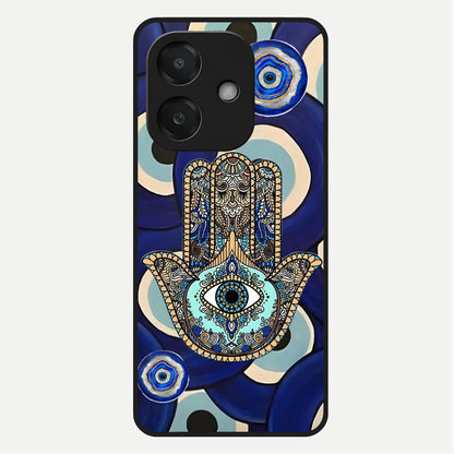  Hamsa Divine Guard Glass Case For Oppo A3x 5G back cover – full design glossy printed glass finish