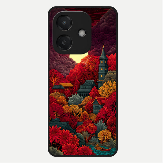  Scarlet Autumn Temple Glass Case For Oppo A3x 5G back cover – full design glossy printed glass finish