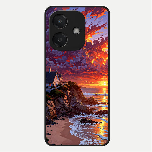  Sunset House By Sea Glass Case For Oppo A3x 5G back cover – full design glossy printed glass finish