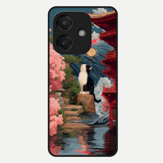  Temple Cat Scenery Glass Case For Oppo A3x 5G back cover – full design glossy printed glass finish