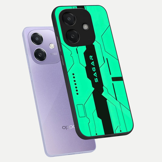  Aqua Tech CYBERPUNK Custom Name phone case For Oppo A3x 5G showing premium glass back cover with detailed artwork