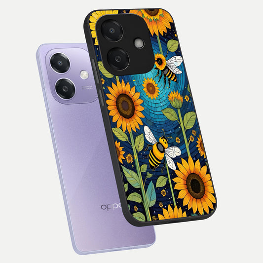  Bees And Sunflowers phone case For Oppo A3x 5G showing premium glass back cover with detailed artwork