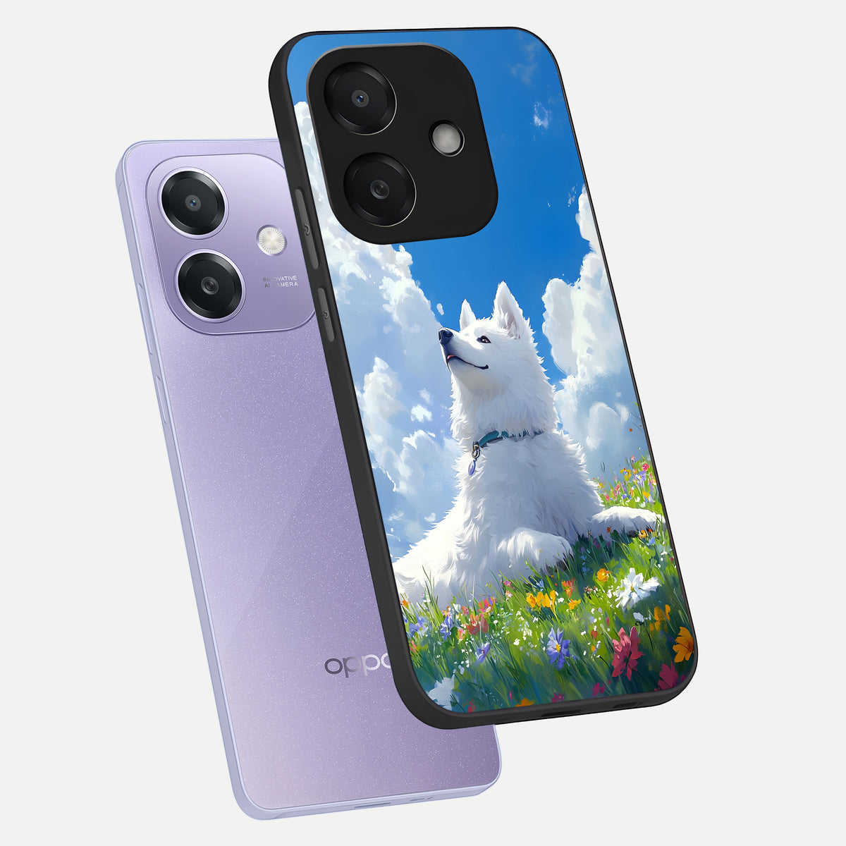  Blissful Cloud Pup phone case For Oppo A3x 5G showing premium glass back cover with detailed artwork