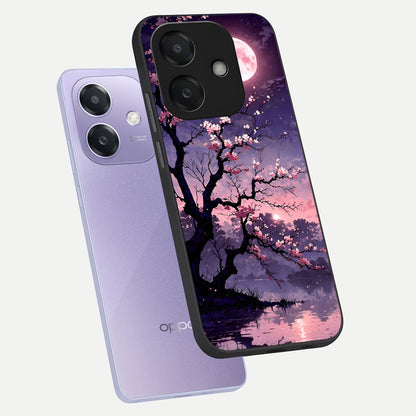  Blossom Pink Moon phone case For Oppo A3x 5G showing premium glass back cover with detailed artwork