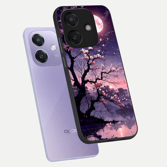  Blossom Pink Moon phone case For Oppo A3x 5G showing premium glass back cover with detailed artwork