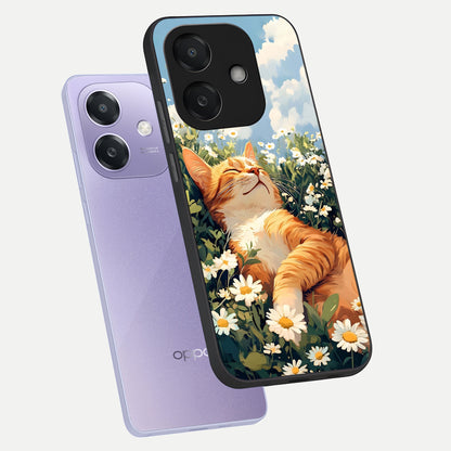 Cat And Flowers View phone case For Oppo A3x 5G showing premium glass back cover with detailed artwork
