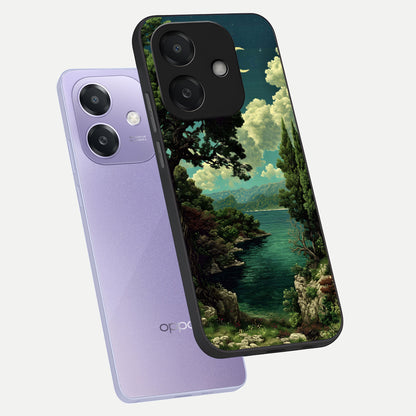  Celestial Lake Peace phone case For Oppo A3x 5G showing premium glass back cover with detailed artwork