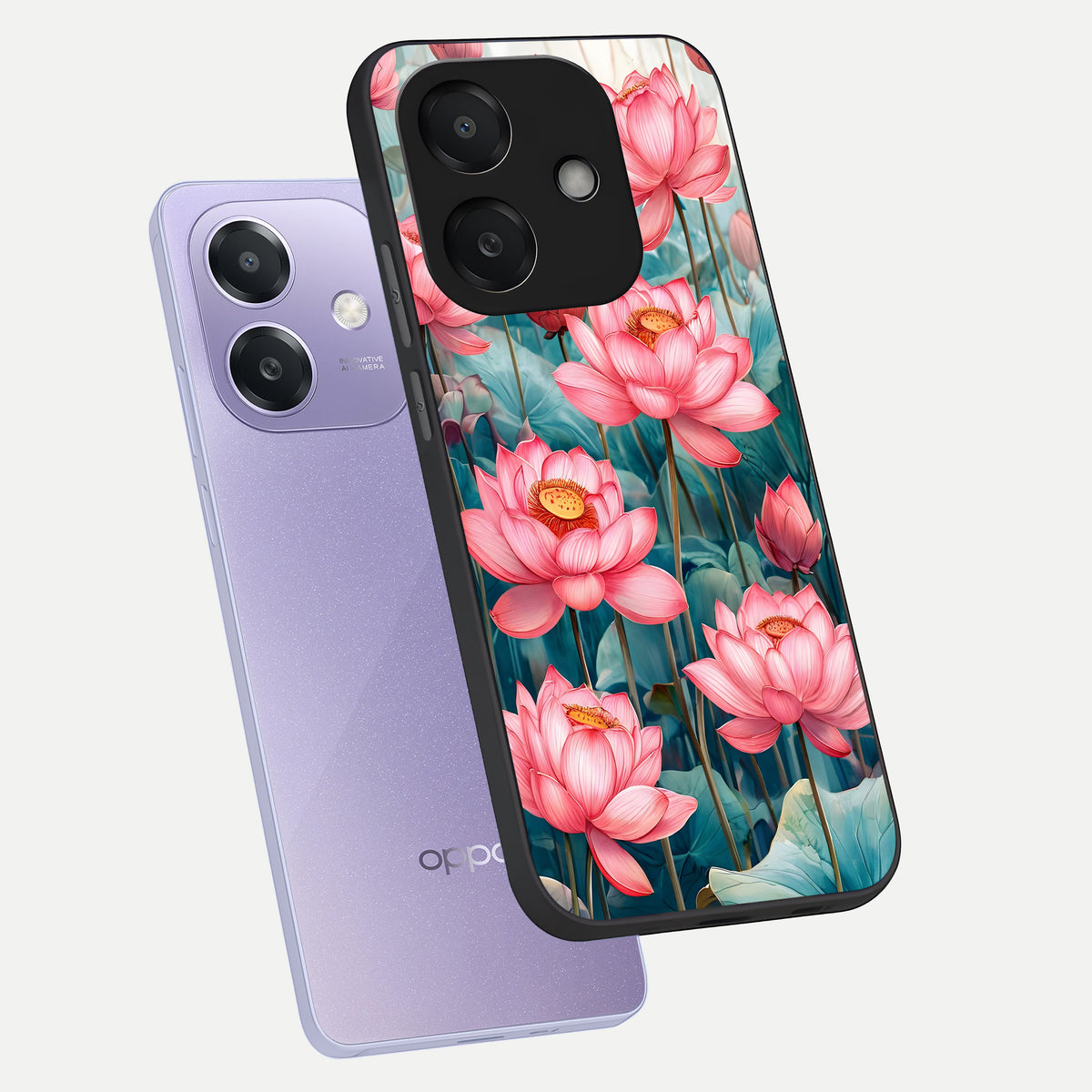  Celestial Pink Lotus phone case For Oppo A3x 5G showing premium glass back cover with detailed artwork