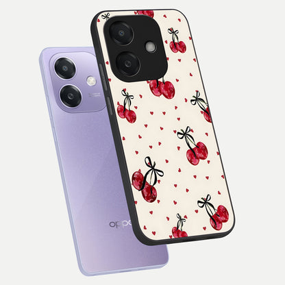  Cherry Heart Bow phone case For Oppo A3x 5G showing premium glass back cover with detailed artwork