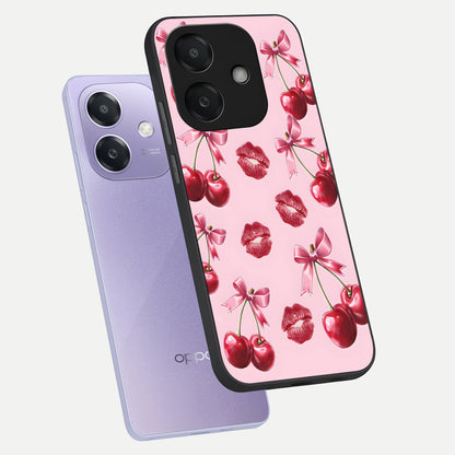  Cherry With Lips phone case For Oppo A3x 5G showing premium glass back cover with detailed artwork