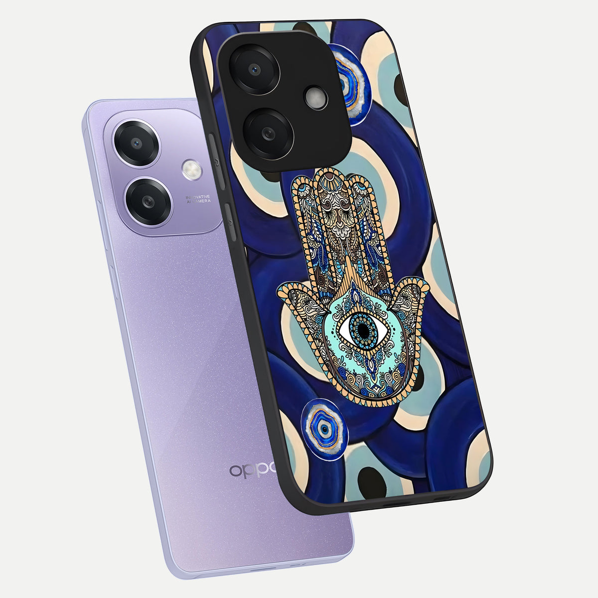  Hamsa Divine Guard phone case For Oppo A3x 5G showing premium glass back cover with detailed artwork