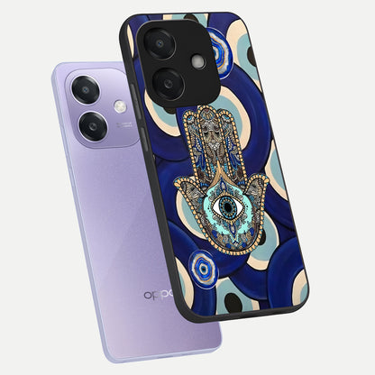  Hamsa Divine Guard phone case For Oppo A3x 5G showing premium glass back cover with detailed artwork