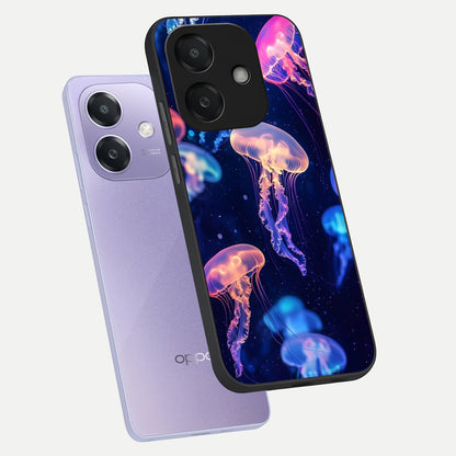  Jellyfish Pattern phone case For Oppo A3x 5G showing premium glass back cover with detailed artwork