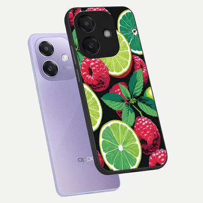  Lime and Raspberry Pattern phone case For Oppo A3x 5G showing premium glass back cover with detailed artwork