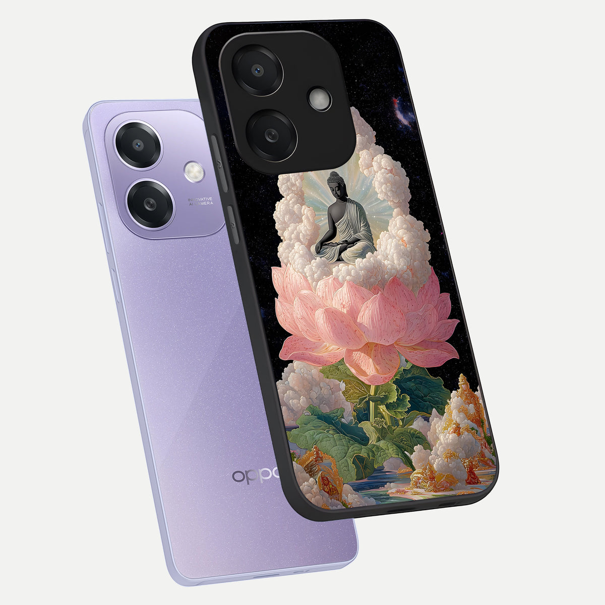  Lotus Divine Peace phone case For Oppo A3x 5G showing premium glass back cover with detailed artwork