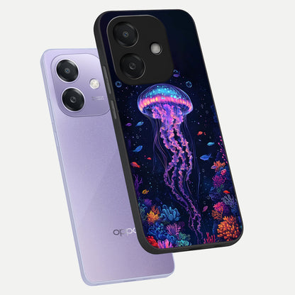  Neon Jellyfish phone case For Oppo A3x 5G showing premium glass back cover with detailed artwork