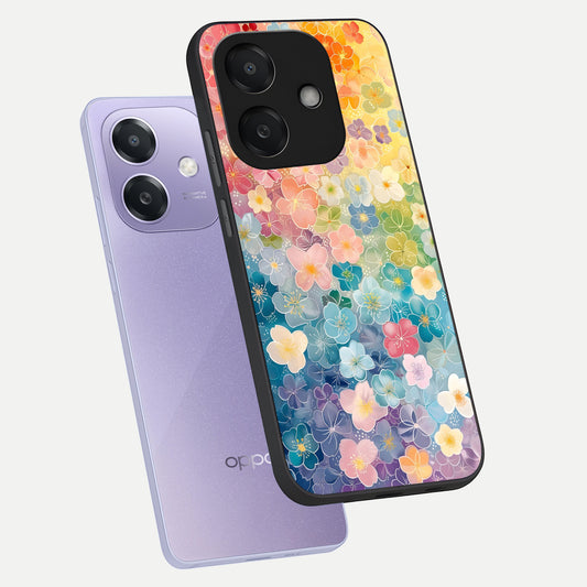  Rainbow Blossom Burst phone case For Oppo A3x 5G showing premium glass back cover with detailed artwork