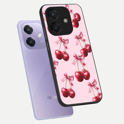  Red Cherries Pattern phone case For Oppo A3x 5G showing premium glass back cover with detailed artwork