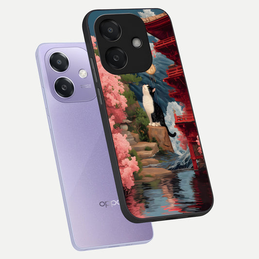  Temple Cat Scenery phone case For Oppo A3x 5G showing premium glass back cover with detailed artwork
