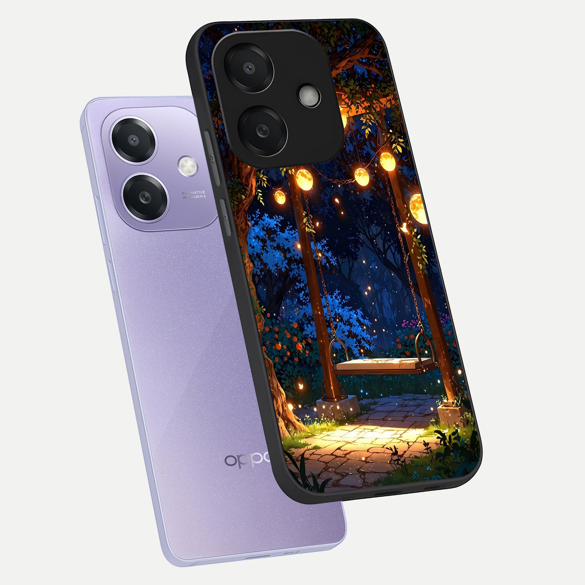  Twilight Garden Swing phone case For Oppo A3x 5G showing premium glass back cover with detailed artwork