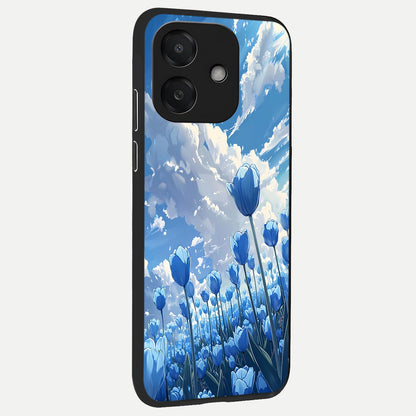  Blue Tulip Clouds back cover For Oppo A3x 5G slim fit glass case with vibrant aesthetic design