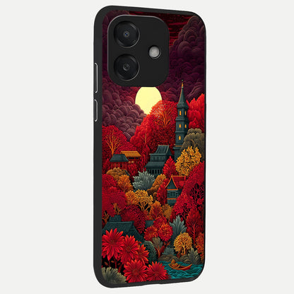  Scarlet Autumn Temple back cover For Oppo A3x 5G slim fit glass case with vibrant aesthetic design