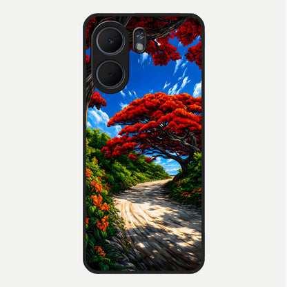  Red Trees Pathway Glass Case For Oppo A5x 5G back cover – full design glossy printed glass finish