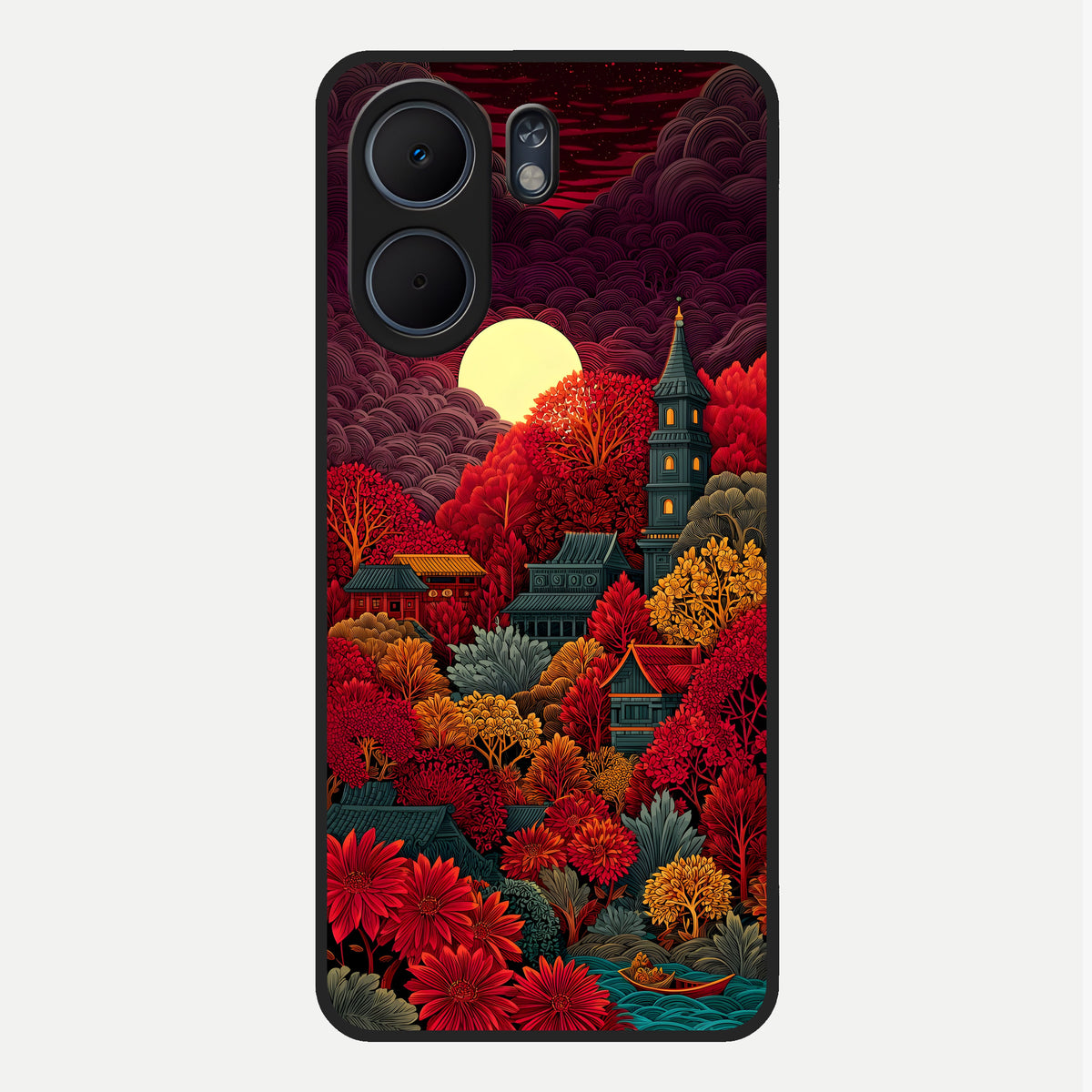  Scarlet Autumn Temple Glass Case For Oppo A5x 5G back cover – full design glossy printed glass finish